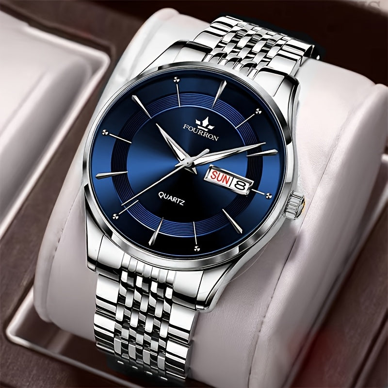 Relgio de Quartzo Elegante para Homens com Pulseira de Ao Inoxidvel  Luminoso Calendrio Moda de Negcios  Presente Perfeito para Aniversrios e Feriados