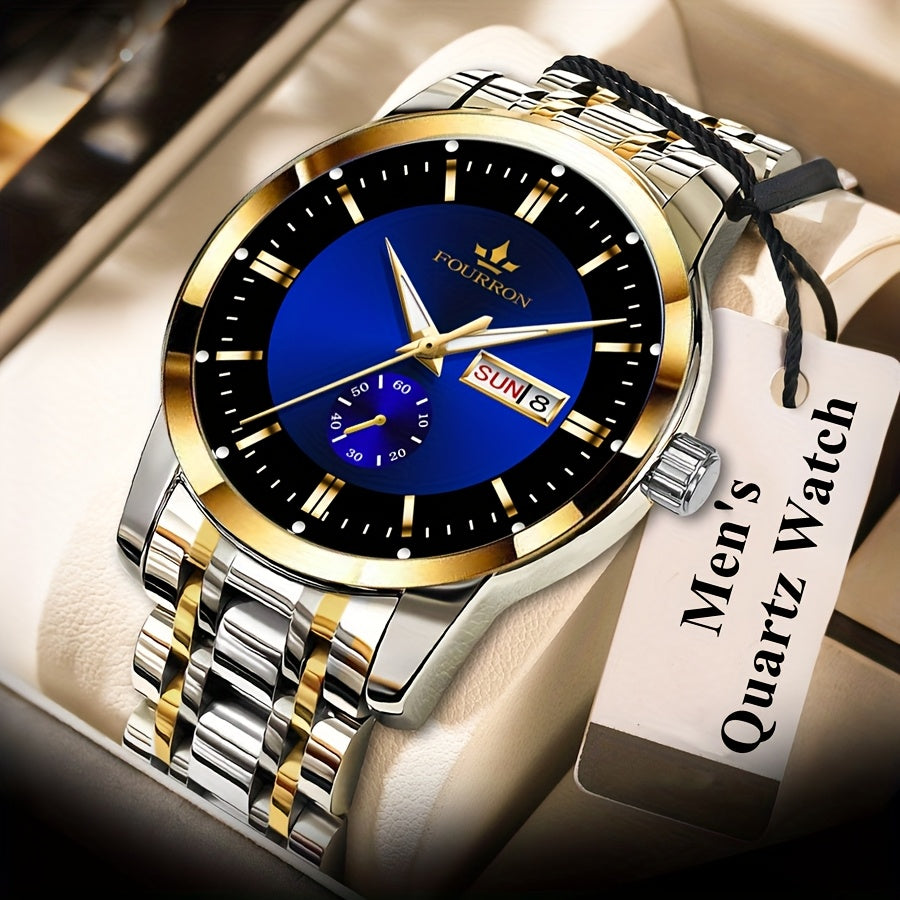 1pc FOURRON Relgio de Quartzo Automtico de Luxo para Homem com Ponteiros Luminescentes  Calendrio de DataDiaSemana  e em Ao Inoxidvel Mostrador Azul Design de 7 es  prova de gua IPX7 Alimentado por Bateria Ideal para Homens  Mulheres Pre